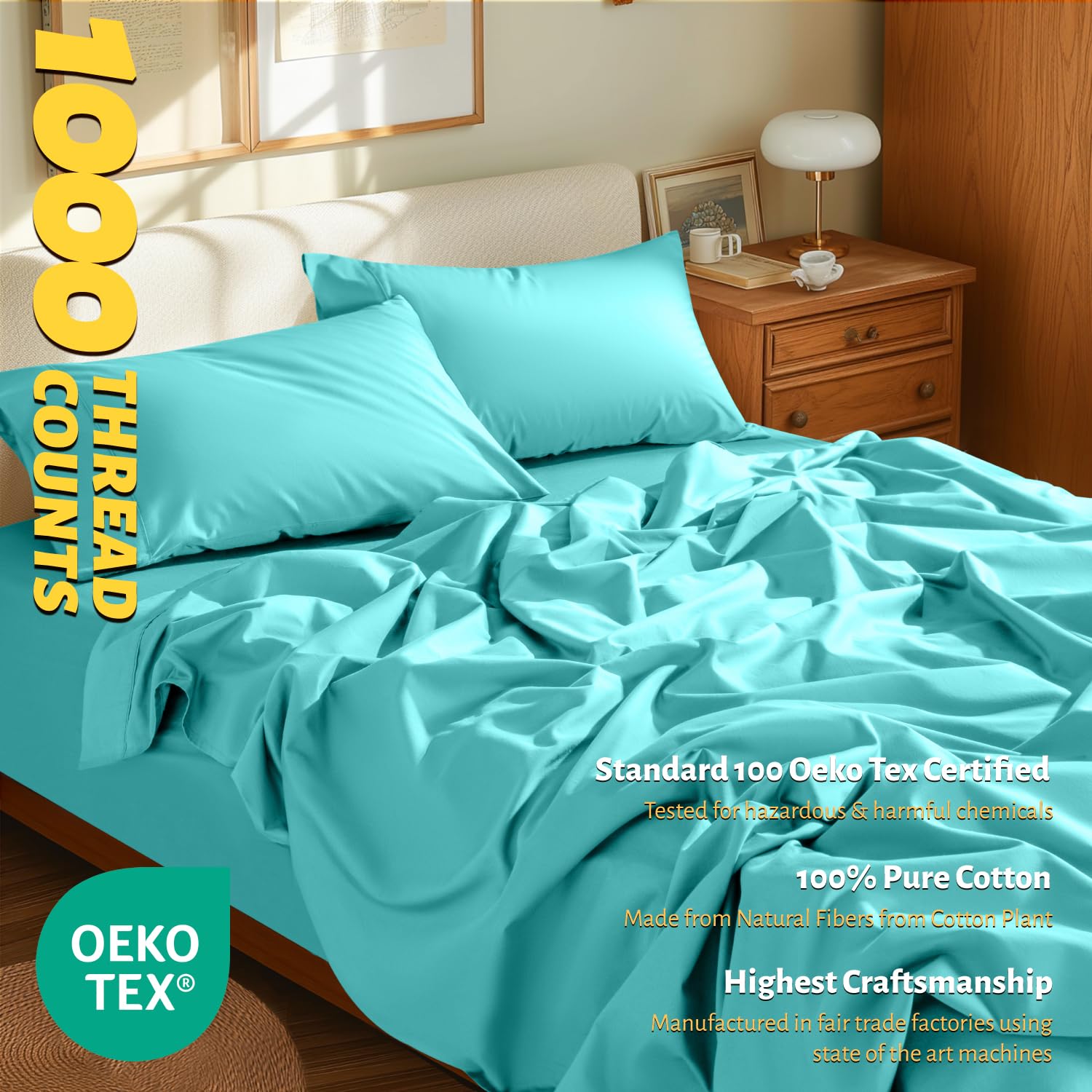 Shilucheng 100% Egyptian Cotton King Size Sheets Set - 1000 Thread Count,Luxury Cotton Bed Sheets,Breathable & Cooling Bedding And Pillow Cases, 16 Inch Deep Pocket - 4 Piece (Seafoam, King)